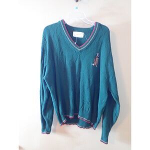 Carmel XL Golfer Sweater 100% Cotton Pullover Green Textured Made in USA Vintage